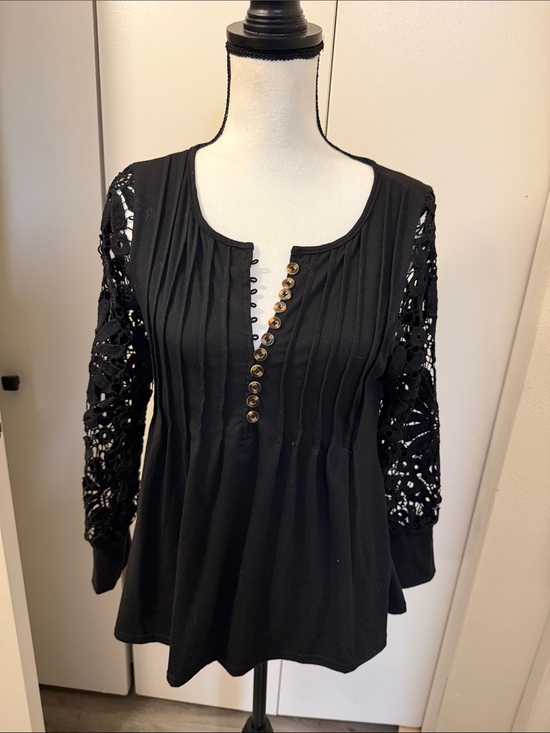 None Tops - Black Crochet-Sleeve Henley Tunic Top